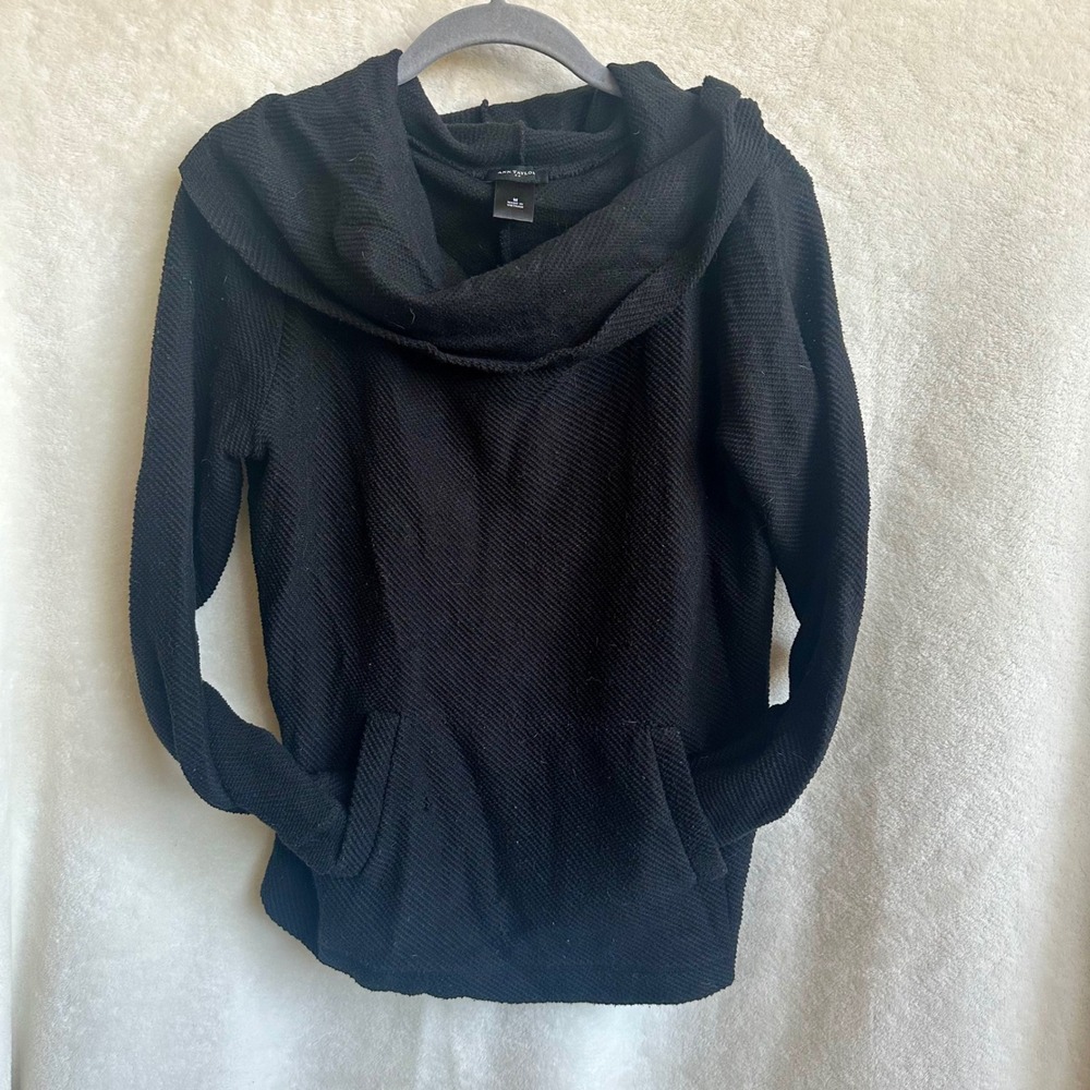 Ann Taylor Womens Black Textured Cowl Neck Funnel Neck Pullover Top Medium